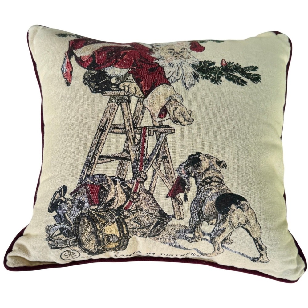 CPC Santa In Distress Tapestry Pillow Christmas Bulldog Holiday Decor 16x16